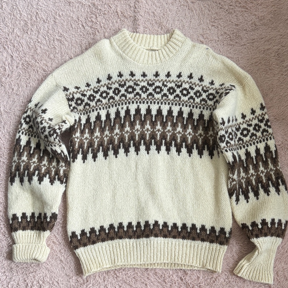 Men's Cream and Brown Patterned Sweater